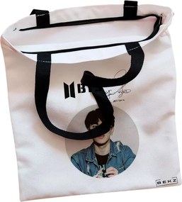 Sacosa de Panza pentru Cumparaturi, Geanta Tote, model BTS Jimin cu semnatura, Cu fermoar, 38x34.5 cm, Alba, BEKZ®
