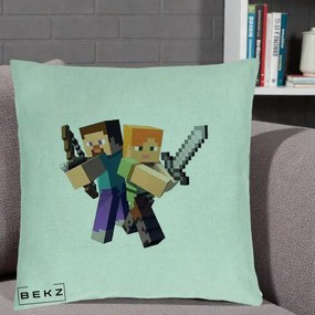 Perna Personalizata Minecraft Steve si Alex, 40x40 cm, Verde Menta, Husa Detasabila, Perna Inclusa, BEKZ®