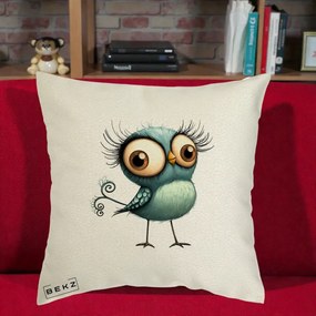 Perna Decorativa Pasare Teal cu Gene si Coada Spiralata, 40x40 cm, Ecru, Husa Detasabila, Perna Inclusa, BEKZ®