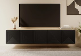 Comodă TV suspendată Asha 200 cm, partea frontală riflat – stejar artisan / negru mat