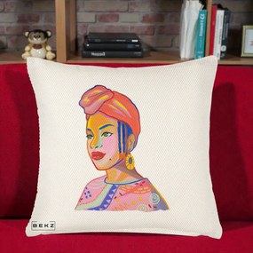 Perna Decorativa Portret Femeie Africana, 40x40 cm, Crem Reliefat, Husa Detasabila, Perna Inclusa, BEKZ®