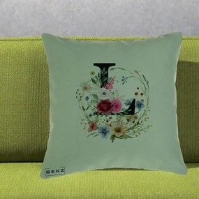 Cadou Personalizat - Perna Personalizata Monogram Litera L cu Flori Acuarela, 40x40 cm, Verde, Husa Detasabila, Perna Inclusa, BEKZ®