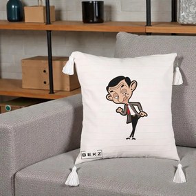 Perna Personalizata Mr. Bean Caricatura, 40x40 cm, Bej cu Franjuri, Husa Detasabila, Perna Inclusa, BEKZ®