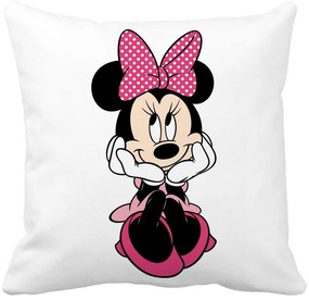 Perna Decorativa Patrata copii Minnie Mouse, 40x40 cm, Alba, Mata, Husa Detasabila, Burduf