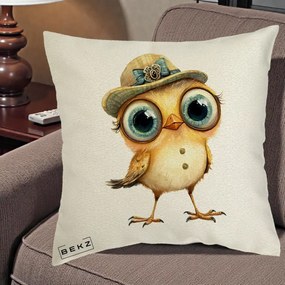 Perna Decorativa Pui Elegant cu Palarie Teal, 40x40 cm, Ecru, Husa Detasabila, Perna Inclusa, BEKZ®