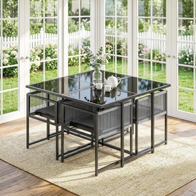 Outsunny Set mobilier grădină 5 piese masă din sticlă cu 4 scaune respirabile, spătare rabatabile, împletitură din sfoară | Aosom Romania