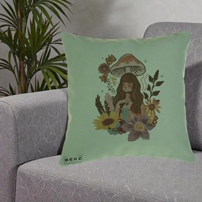 Perna Decorativa Fata Ciuperca Boho Florala, 40x40 cm, Verde, Husa Detasabila, Perna Inclusa, BEKZ®