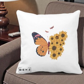 Perna Decorativa Fluture Floarea-Soarelui, 40x40 cm, Alba Mata, Husa Detasabila, Perna Inclusa, BEKZ®