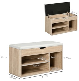 HOMCOM Bancă pentru Pantofi cu 3 Compartimente, Spațiu Ascuns și Șezut din Piele PU, 80x30x43 cm, Lemn Natural | Aosom Romania