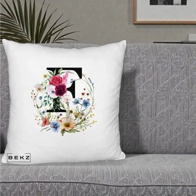 Cadou Personalizat - Perna Personalizata Monogram Litera F cu Flori Acuarela, 40x40 cm, Alb Pufos, Husa Detasabila, Perna Inclusa, BEKZ®