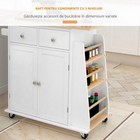 HOMCOM Cărucior Bucătărie cu 3 Niveluri, 2 Sertare Culisante, 4 Roți, Raft Reglabil, Design Modern, Alb și Lemn Natural, 89x45x89cm | Aosom Romania