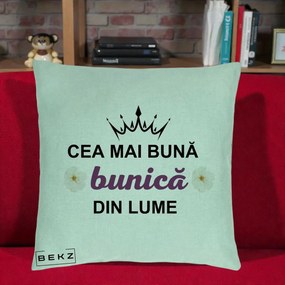 Cadou pentru Bunica - Perna Personalizata Cea Mai Buna Bunica Din Lume Coroana Mov Flori, 40x40 cm, Verde Menta, Husa Detasabila, Perna Inclusa, BEKZ®