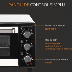 HOMCOM Cuptor Electric Ventilat cu Temperatură Reglabilă, 3 Moduri de Coacere, Tavă și Grătar, 44x32x28 cm, Alb | Aosom Romania