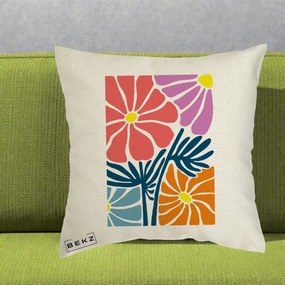 Perna Decorativa Flori Grafice Roz-Orange-Albastru, 40x40 cm, Ecru, Husa Detasabila, Perna Inclusa, BEKZ®