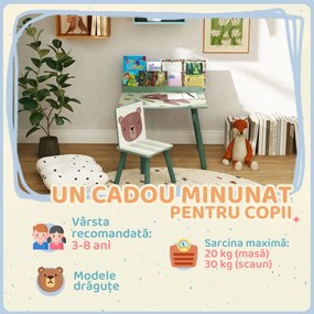 AIYAPLAY Birou Copii cu Raft pentru Depozitare din MDF și Lemn de Pin, cu Masă și Scaun, 60x48x53.5 cm, Verde | Aosom Romania