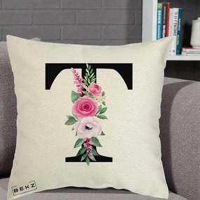 Cadou Personalizat - Perna Personalizata Monograma Florala Litera T, 40x40 cm, Ecru, Husa Detasabila, Perna Inclusa, BEKZ®
