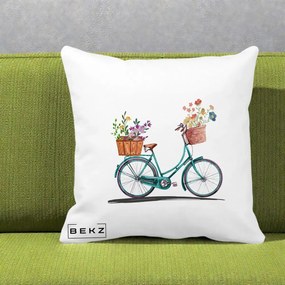 Perna Decorativa Bicicleta Florala Turcoaz Acuarela, 40x40 cm, Alba Mata, Husa Detasabila, Perna Inclusa, BEKZ®