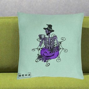 Perna Decorativa Schelet Vrajitor cu Dovleac Violet Halloween, 40x40 cm, Verde Menta, Husa Detasabila, Perna Inclusa, BEKZ®