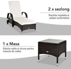 Set mobilier Gradina din Ratan Outsunny, 2 Sezlong Pliabile si Masuta, Maro 200×73×103cm | Aosom.ro