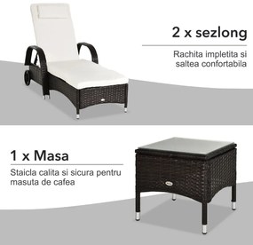 Set mobilier Gradina din Ratan Outsunny, 2 Sezlong Pliabile si Masuta, Maro 200×73×103cm | Aosom.ro | Aosom Romania