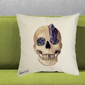 Perna Decorativa Craniu cu Cristale de Ametist, 40x40 cm, Ecru, Husa Detasabila, Perna Inclusa, BEKZ®