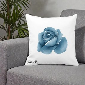 Perna Decorativa Trandafir Albastru Acuarela, 40x40 cm, Alba Mata, Husa Detasabila, Perna Inclusa, BEKZ®