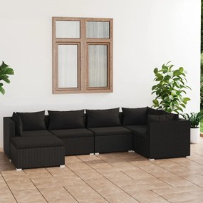 Set mobilier de gradina cu perne, 6 piese, negru, poliratan Negru, 3x colt + 2x mijloc + suport pentru picioare, 1