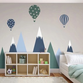 Fototapet - Peisaj copilăresc - grafică cu baloane deasupra munților albaștri-verzi