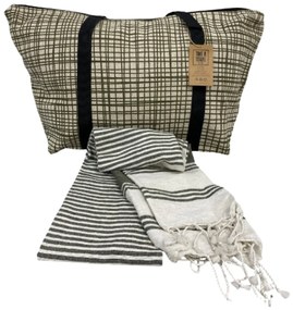 Set stilizat geanta de plaja + prosop HAMAM 75x150 cm, kaki, 100% bumbac organic