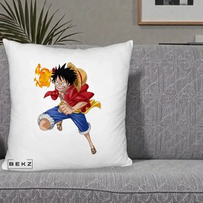 Perna Personalizata One Piece Luffy Gear Second Foc, 40x40 cm, Alb Pufos, Husa Detasabila, Perna Inclusa, BEKZ®