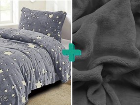Lenjerie de pat fosforescenta din microplus UNIVERSE gri + cearsaf din microplus SOFT 90x200 cm gri inchis
