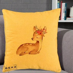 Perna Decorativa Caprioara cu Flori in Coama, 40x40 cm, Galben, Husa Detasabila, Perna Inclusa, BEKZ®
