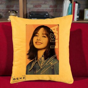 Perna Personalizata K-pop BLACKPINK Lisa cu Semnatura, 40x40 cm, Galben, Husa Detasabila, Perna Inclusa, BEKZ®