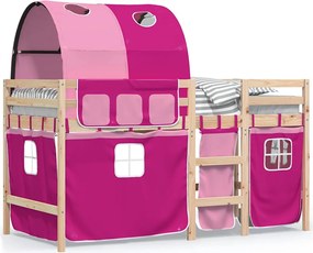 vidaXL Pat etajat de copii cu tunel, roz, 90x190 cm, lemn masiv pin