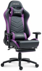 DOWINX Scaun gaming, ergonomic, suport lombar cu masaj, spătar rabatabil 90-180°, cotiere reglabile, suport pentru picioare, rezistent 150 kg, piele PU, Negru/Violet