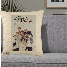 Perna Personalizata K-pop Stray Kids cu Foto Grup Alb-Albastru, 40x40 cm, Bej, Husa Detasabila, Perna Inclusa, BEKZ®
