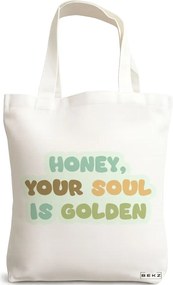 Sacosa de Panza pentru Cumparaturi, Geanta Tote, model Golden Soul, 38x34.5 cm, Alba, BEKZ®