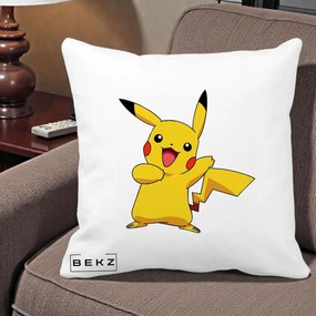 Perna Personalizata Pikachu Fericit, 40x40 cm, Alba Mata, Husa Detasabila, Perna Inclusa, BEKZ®