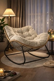 Scaun balansoar pentru interior si exterior, sezlong tip ou cu pernă captusita, cadru metalic, Bej