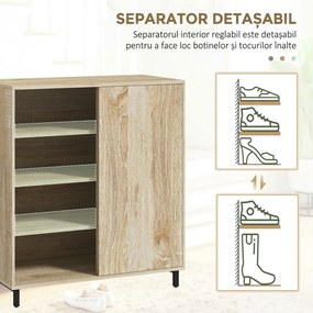HOMCOM Dulap pentru Pantofi pe 4 Niveluri din PAL și Oțel cu Ușă Glisantă și Rafturi Reglabile, 80x40x93 cm, Lemn Natural | Aosom Romania