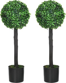 HOMCOM Set de 2 plante mingi de bux artificial cu trunchi si ghiveci inclus - inaltime 60 cm | Aosom Romania