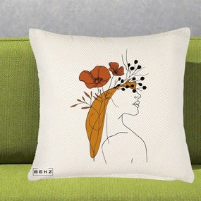 Perna Decorativa Portret Feminin Maci Rosii Auriu, 40x40 cm, Crem Reliefat, Husa Detasabila, Perna Inclusa, BEKZ®
