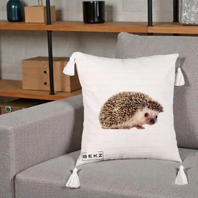Perna Decorativa Arici Fotorealist, 40x40 cm, Bej cu Franjuri, Husa Detasabila, Perna Inclusa, BEKZ®