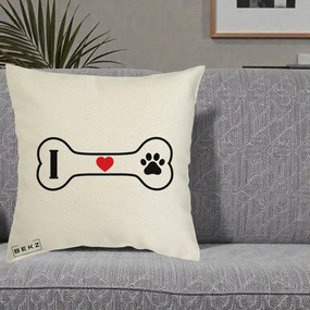 Perna Personalizata I Love Dog Os si Labuta, 40x40 cm, Ecru, Husa Detasabila, Perna Inclusa, BEKZ®