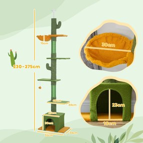 PawHut Ansamblu de Zgâriat pentru Pisici cu Fixare în Tavan, 230-275 cm, Hamac, Căsuță, Stâlpi din Sisal, Verde | Aosom Romania