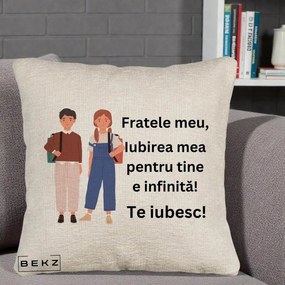 Cadou pentru Frate - Perna Personalizata Fratele Meu Te Iubesc Elevi Ilustratie Colorata, 40x40 cm, Bej Canapea, Husa Detasabila, Perna Inclusa, BEKZ®