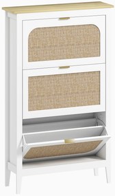 HOMCOM Dulap pentru încălțăminte 21 perechi boem cu 3 sertare rabatabile, uși cu efect cannage ratan, 80 x 24 x 131 cm, alb | Aosom Romania