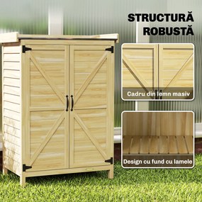 Outsunny Căsuță de Grădină din Lemn de Molid cu Rafturi și Cârlige Laterale, Dulap de Grădină cu Uși Duble și Blat de Lucru din Metal Zincat pentru Terasă, 71,5x39x95cm, Naturală | Aosom Romania