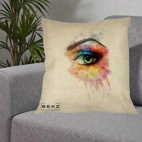 Perna Decorativa Ochi Verde Acuarela, 40x40 cm, Crem, Husa Detasabila, Perna Inclusa, BEKZ®