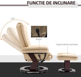 HOMCOM Set Fotoliu și Pouf pentru Picioare, Rotativ la 360° și Reclinabil cu Suport pentru Cap și Brate, 85x106x94cm, Bej | Aosom Romania